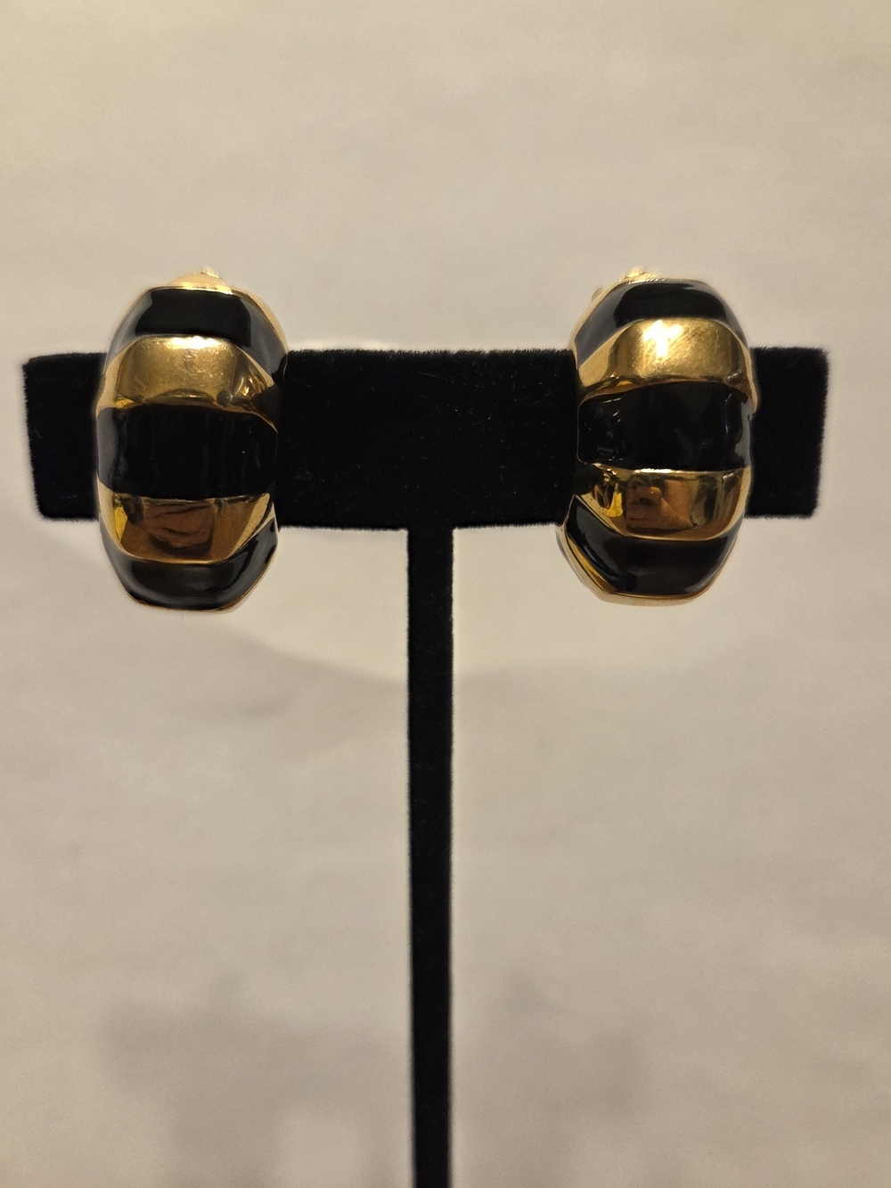 Vintage Gold and Black Striped Clip On Earrings